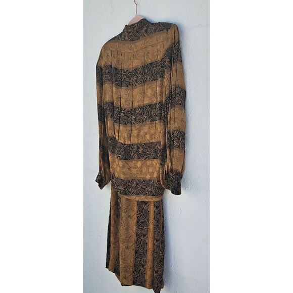 Vintage Francesca of Damon Dress Womens Size 14 Silk Gold Black Pleated Tie 80s - Picture 8 of 11